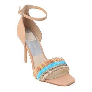 Dolce Vita Hyper Suede & Embellished Raffia High Heel Sandals Size 9 Tan Blue